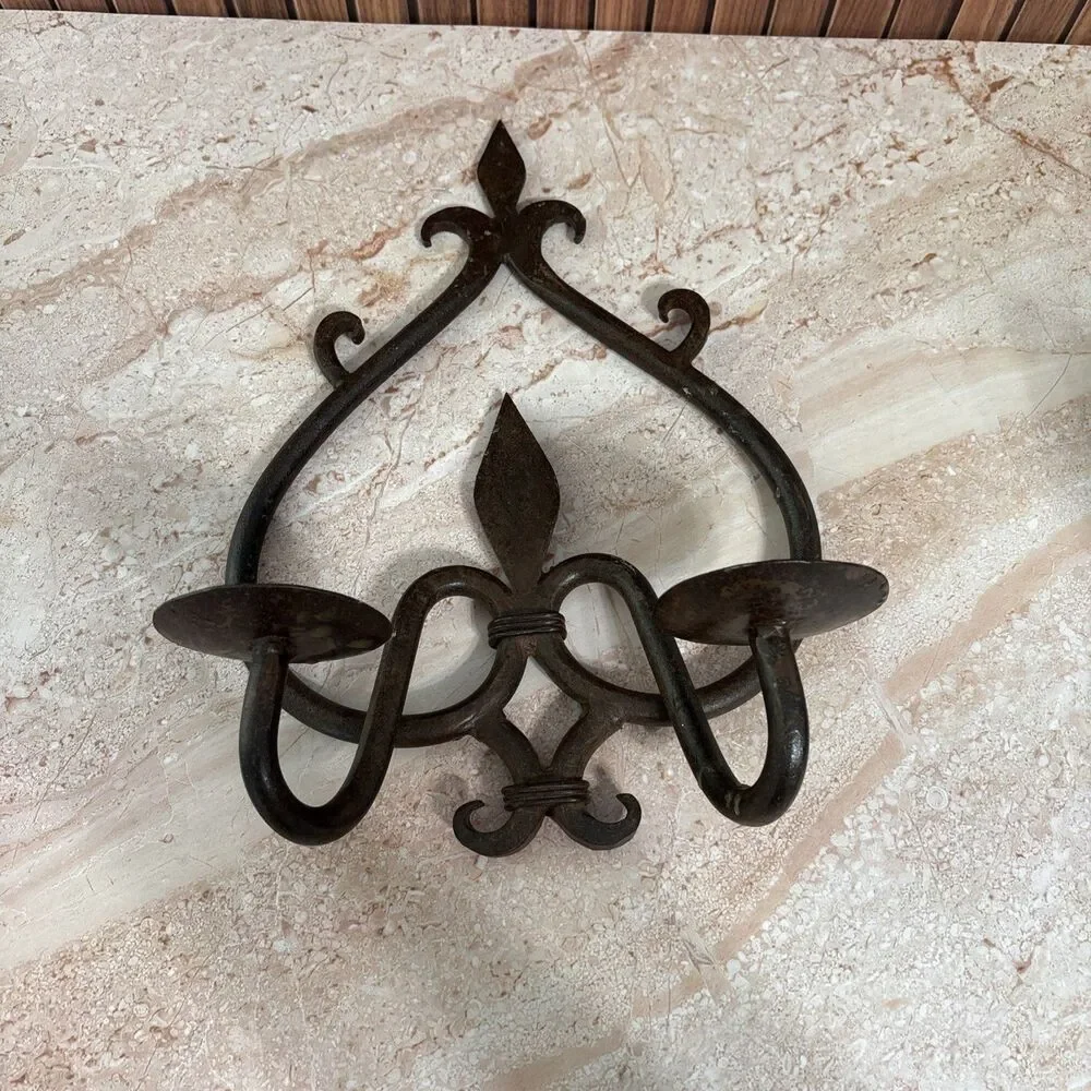 Vintage wrought Iron wall sconce Pillar candle holder gothic rustic decor '60s